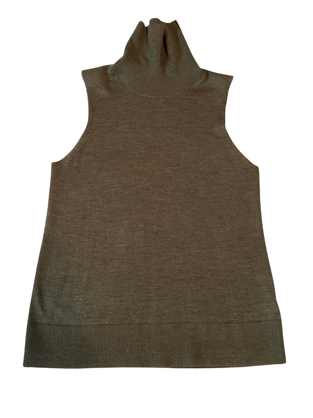 Halston Merino Wool Layering Sleeveless Turtleneck Sweater in Olive Medium